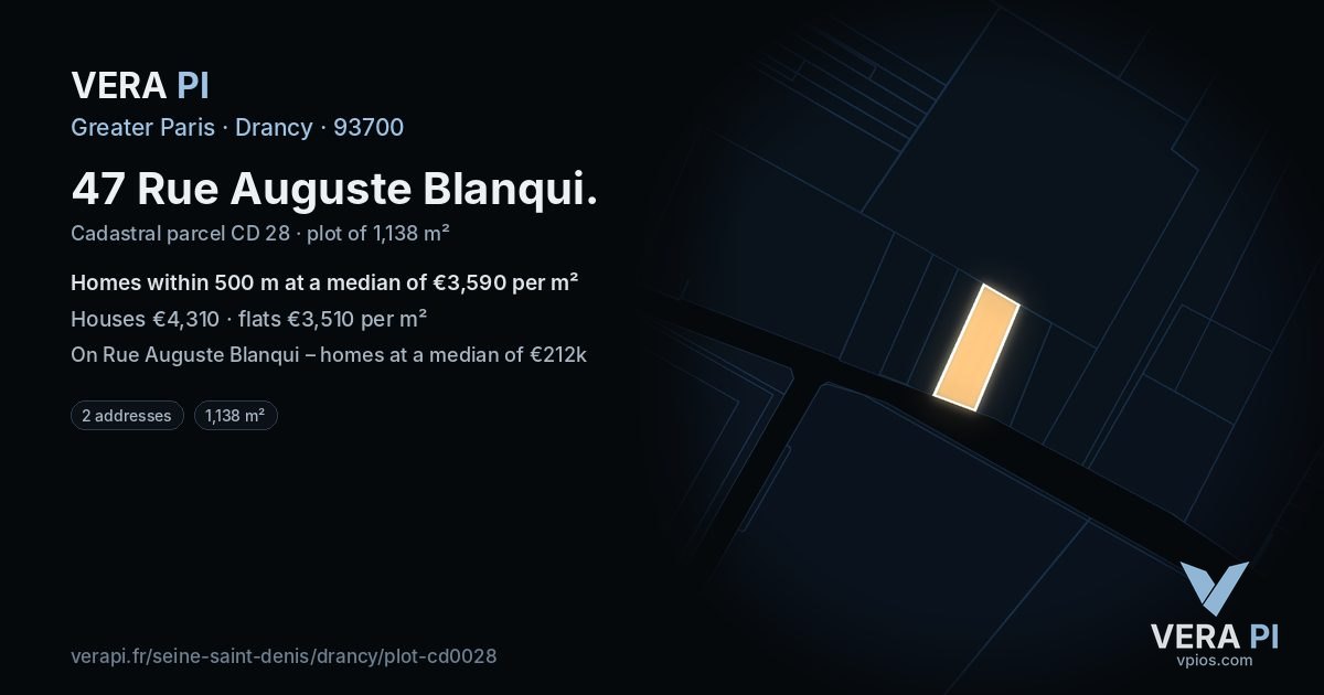 47 Rue Auguste Blanqui, Drancy at night – the plot lit, the parcels around coloured by the prices near them