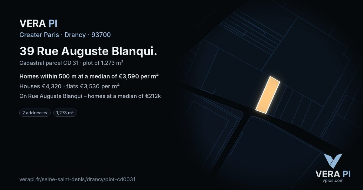 39 Rue Auguste Blanqui, Drancy at night – the plot lit, the parcels around coloured by the prices near them