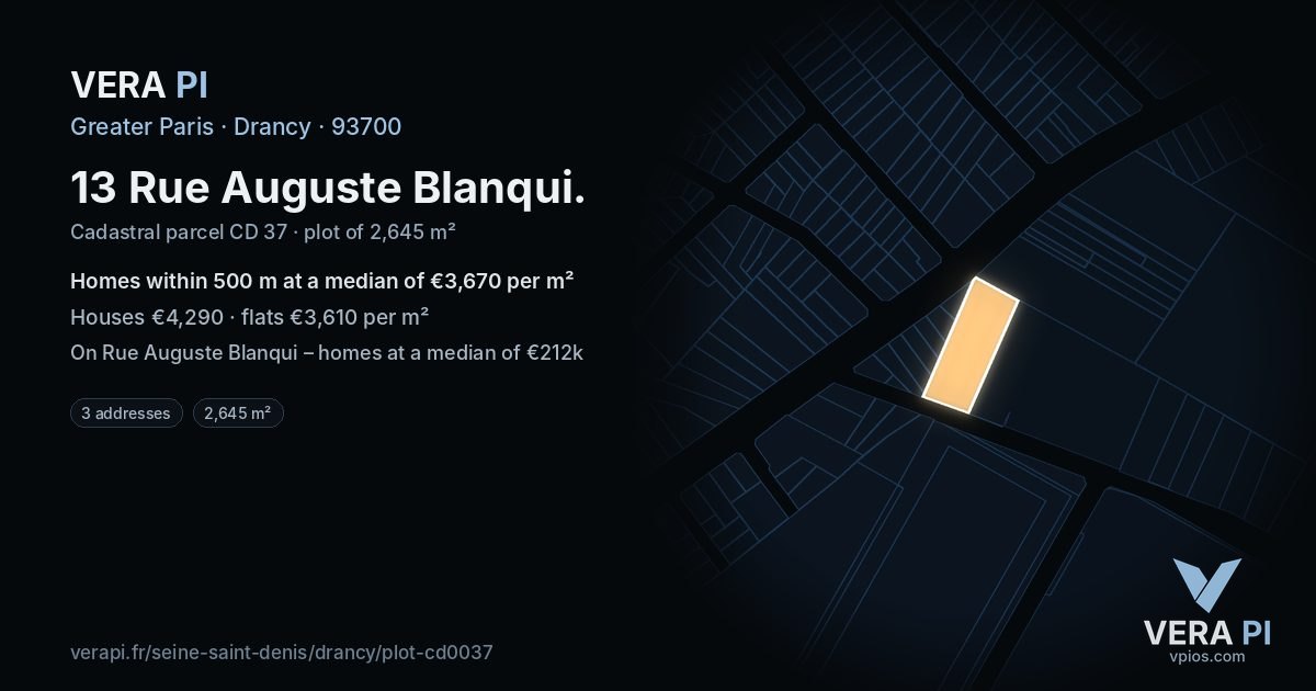 13 Rue Auguste Blanqui, Drancy at night – the plot lit, the parcels around coloured by the prices near them