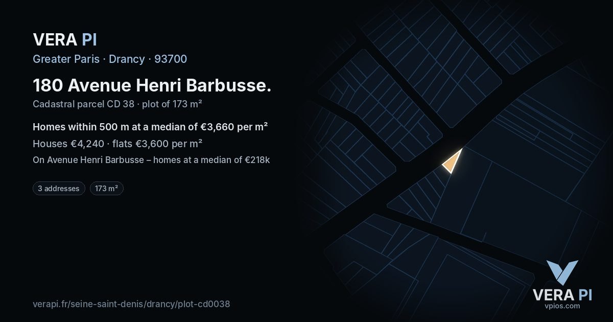 180 Avenue Henri Barbusse, Drancy at night – the plot lit, the parcels around coloured by the prices near them