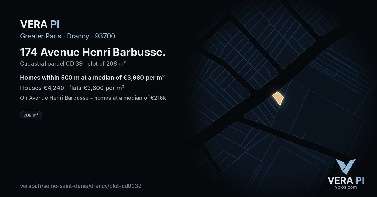174 Avenue Henri Barbusse, Drancy at night – the plot lit, the parcels around coloured by the prices near them
