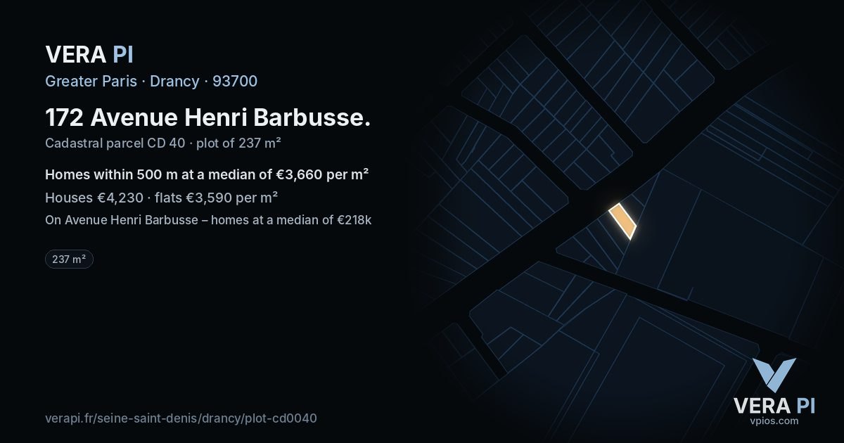 172 Avenue Henri Barbusse, Drancy at night – the plot lit, the parcels around coloured by the prices near them
