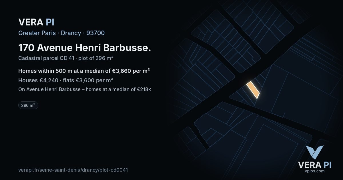 170 Avenue Henri Barbusse, Drancy at night – the plot lit, the parcels around coloured by the prices near them