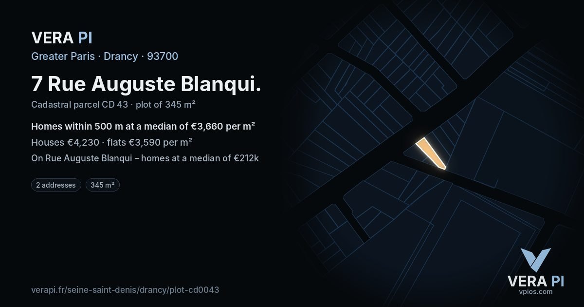 7 Rue Auguste Blanqui, Drancy at night – the plot lit, the parcels around coloured by the prices near them