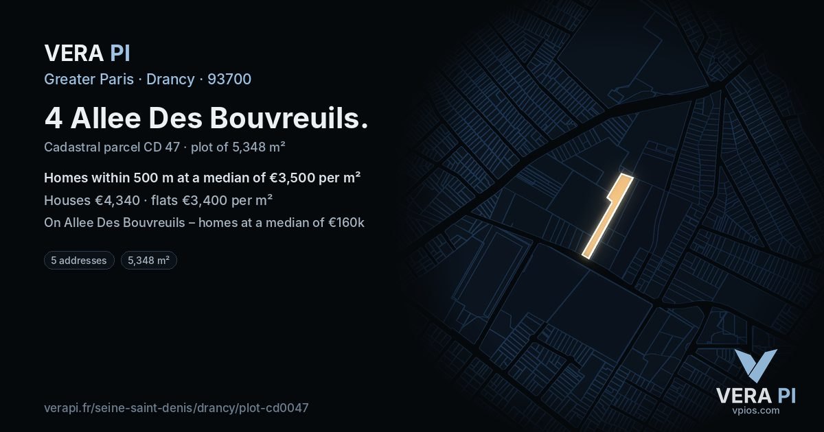 4 Allee Des Bouvreuils, Drancy at night – the plot lit, the parcels around coloured by the prices near them
