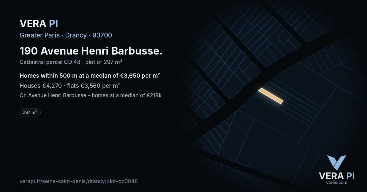 190 Avenue Henri Barbusse, Drancy at night – the plot lit, the parcels around coloured by the prices near them