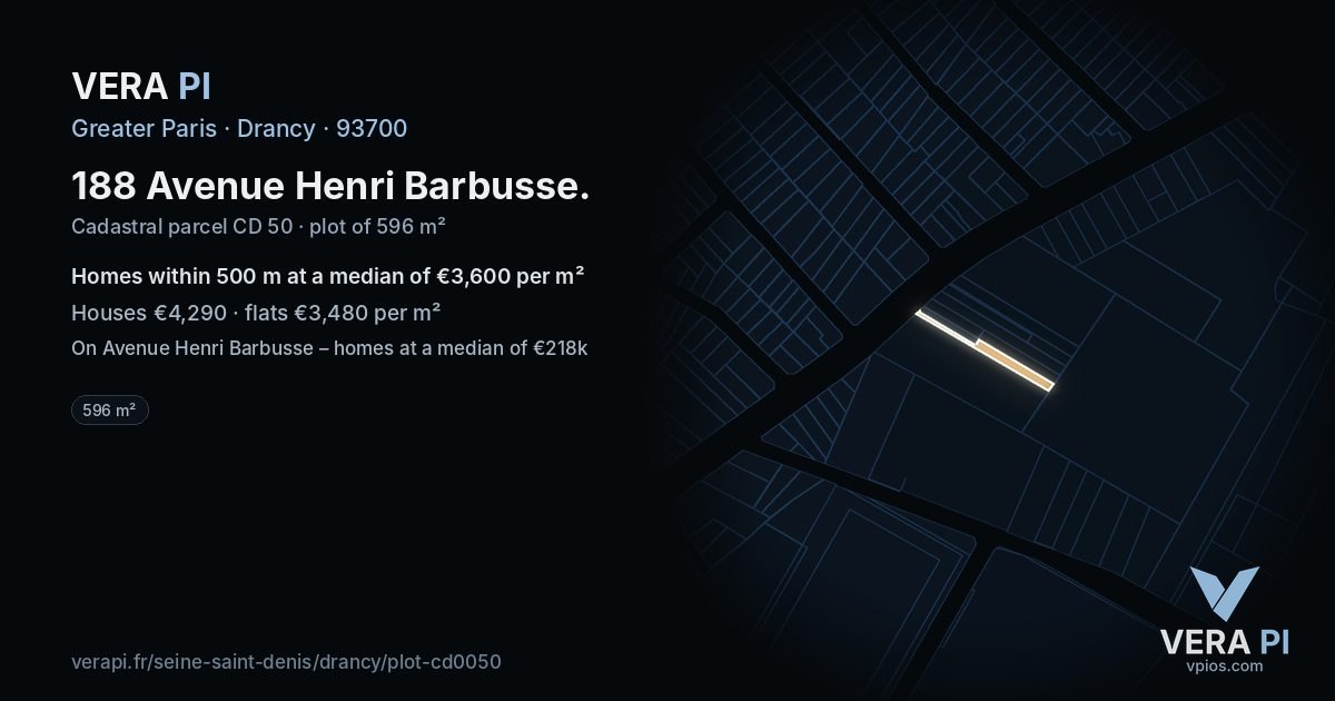 188 Avenue Henri Barbusse, Drancy at night – the plot lit, the parcels around coloured by the prices near them