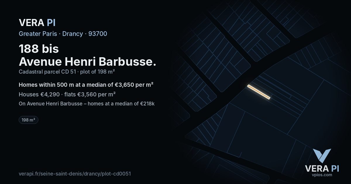188 bis Avenue Henri Barbusse, Drancy at night – the plot lit, the parcels around coloured by the prices near them