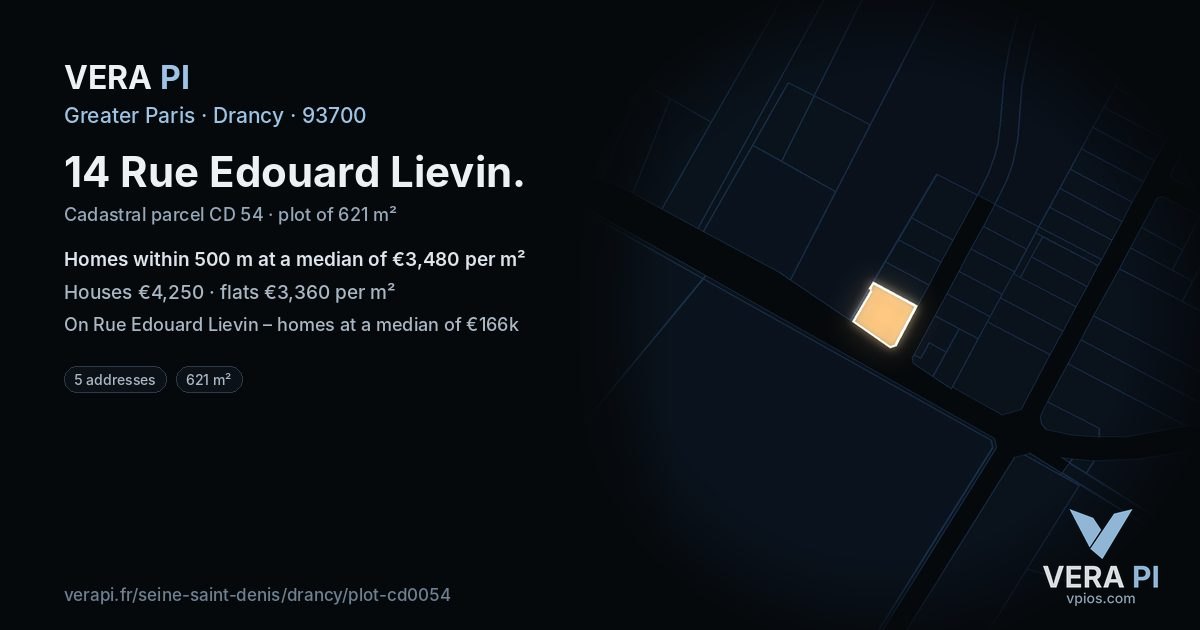 14 Rue Edouard Lievin, Drancy at night – the plot lit, the parcels around coloured by the prices near them