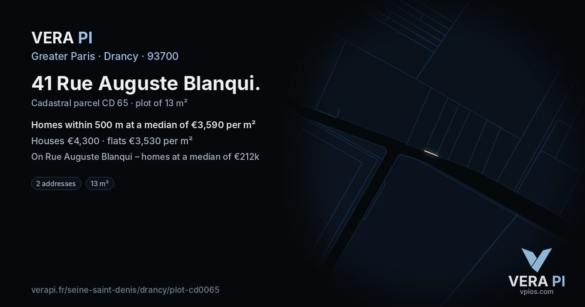 41 Rue Auguste Blanqui, Drancy at night – the plot lit, the parcels around coloured by the prices near them
