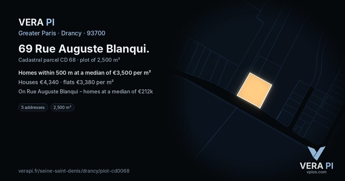 69 Rue Auguste Blanqui, Drancy at night – the plot lit, the parcels around coloured by the prices near them
