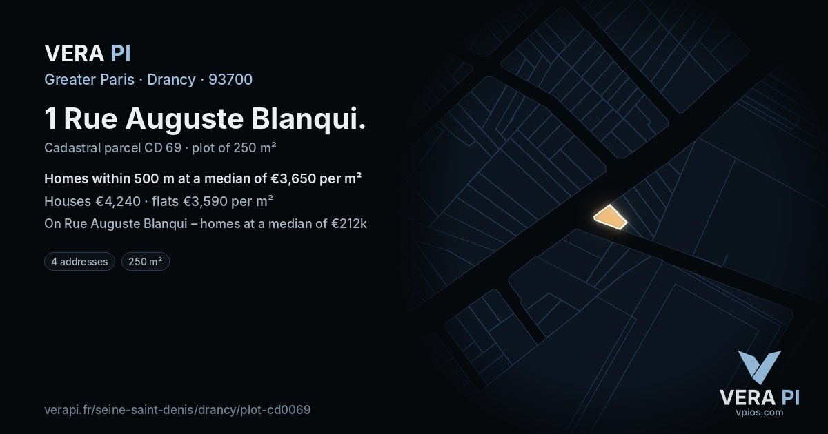 1 Rue Auguste Blanqui, Drancy at night – the plot lit, the parcels around coloured by the prices near them