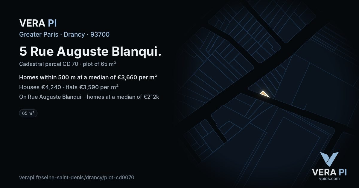 5 Rue Auguste Blanqui, Drancy at night – the plot lit, the parcels around coloured by the prices near them