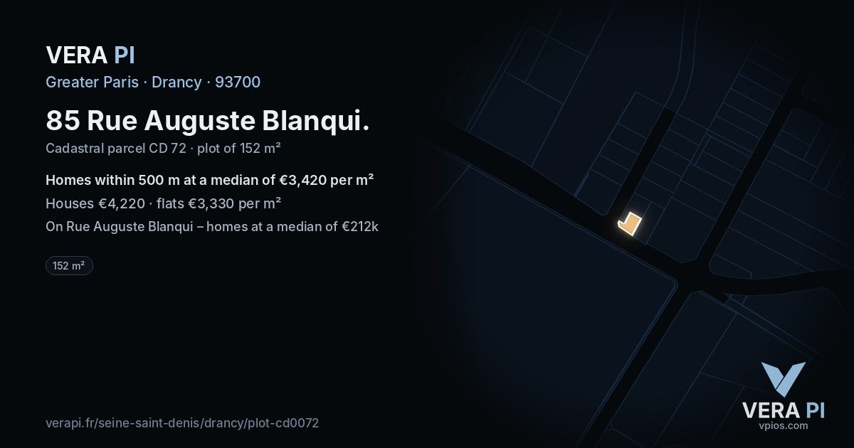 85 Rue Auguste Blanqui, Drancy at night – the plot lit, the parcels around coloured by the prices near them