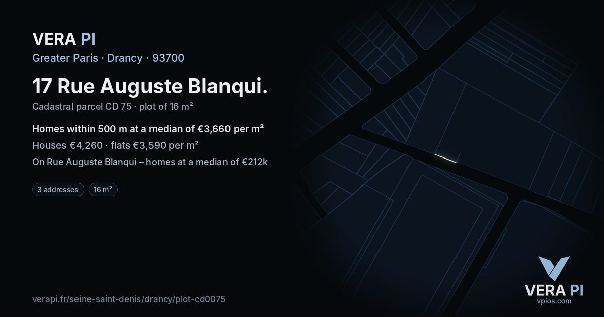 17 Rue Auguste Blanqui, Drancy at night – the plot lit, the parcels around coloured by the prices near them