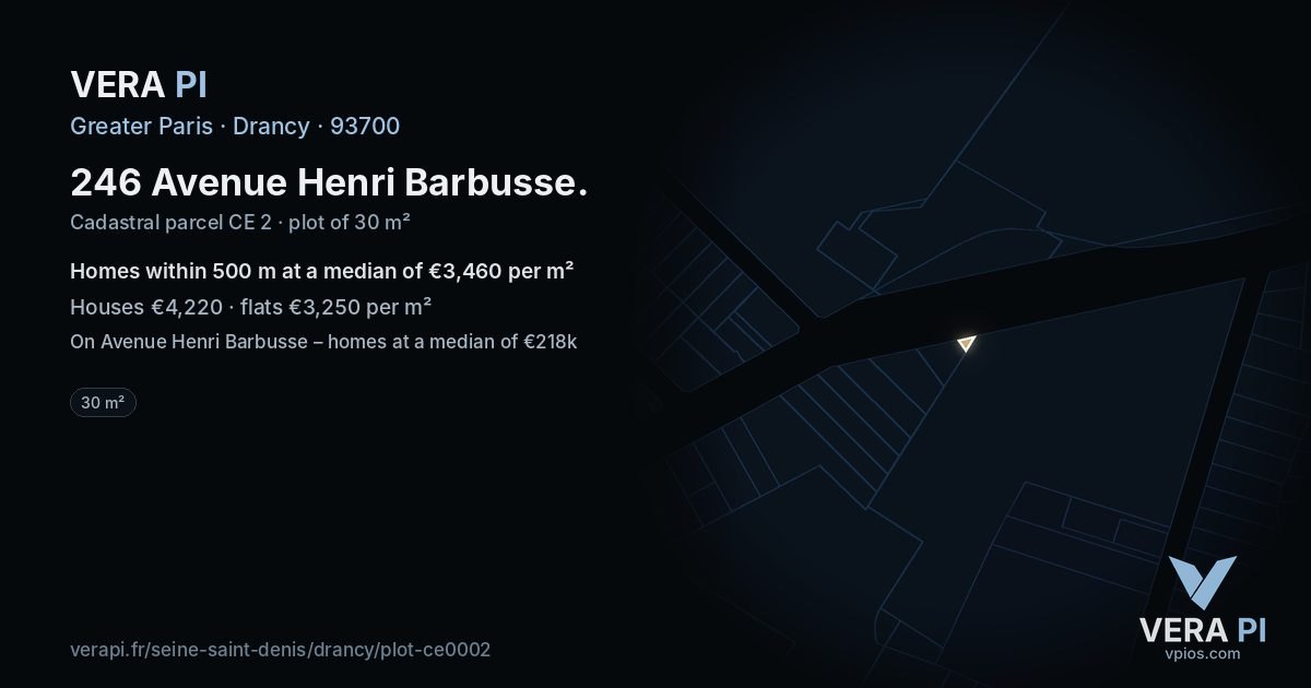 246 Avenue Henri Barbusse, Drancy at night – the plot lit, the parcels around coloured by the prices near them