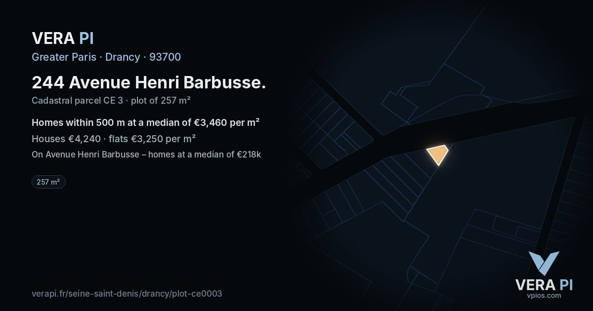 244 Avenue Henri Barbusse, Drancy at night – the plot lit, the parcels around coloured by the prices near them