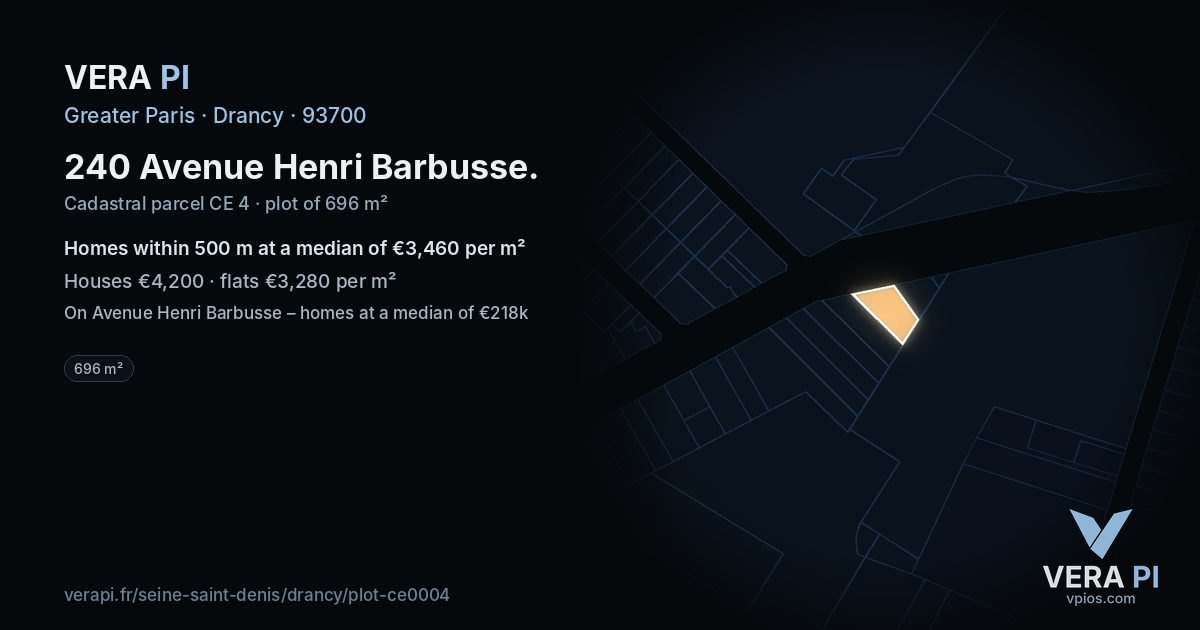240 Avenue Henri Barbusse, Drancy at night – the plot lit, the parcels around coloured by the prices near them
