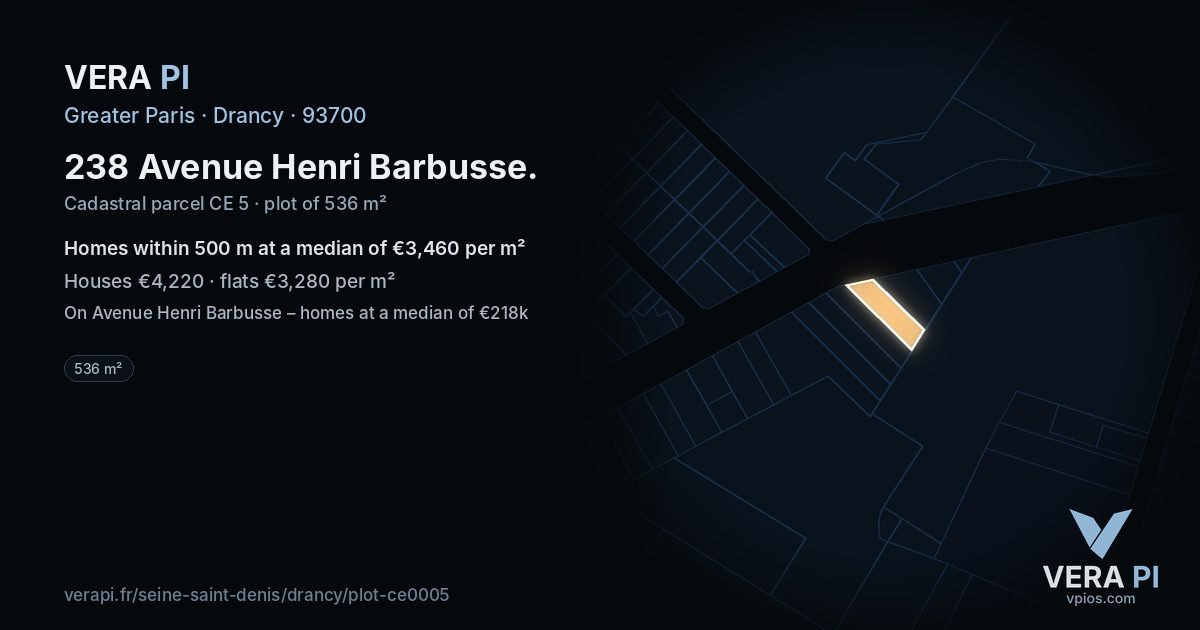 238 Avenue Henri Barbusse, Drancy at night – the plot lit, the parcels around coloured by the prices near them