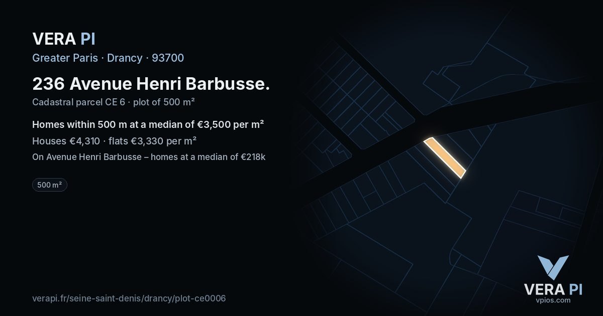 236 Avenue Henri Barbusse, Drancy at night – the plot lit, the parcels around coloured by the prices near them