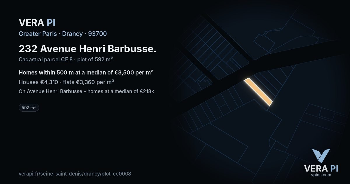 232 Avenue Henri Barbusse, Drancy at night – the plot lit, the parcels around coloured by the prices near them