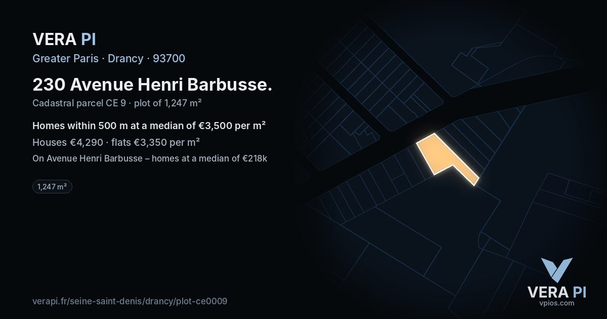 230 Avenue Henri Barbusse, Drancy at night – the plot lit, the parcels around coloured by the prices near them