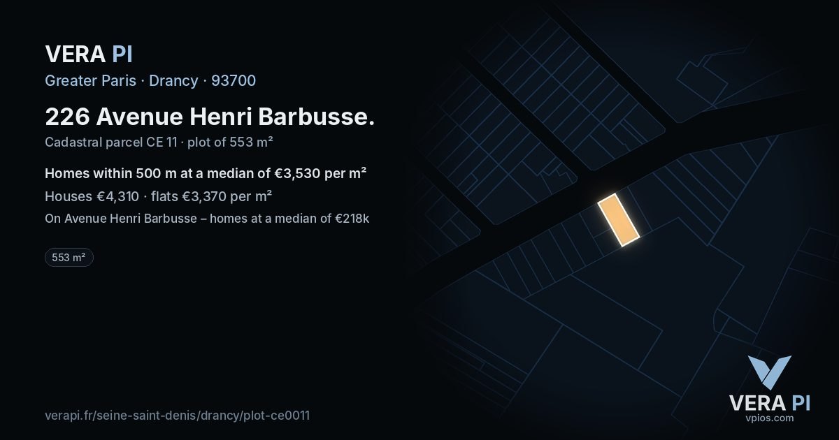 226 Avenue Henri Barbusse, Drancy at night – the plot lit, the parcels around coloured by the prices near them