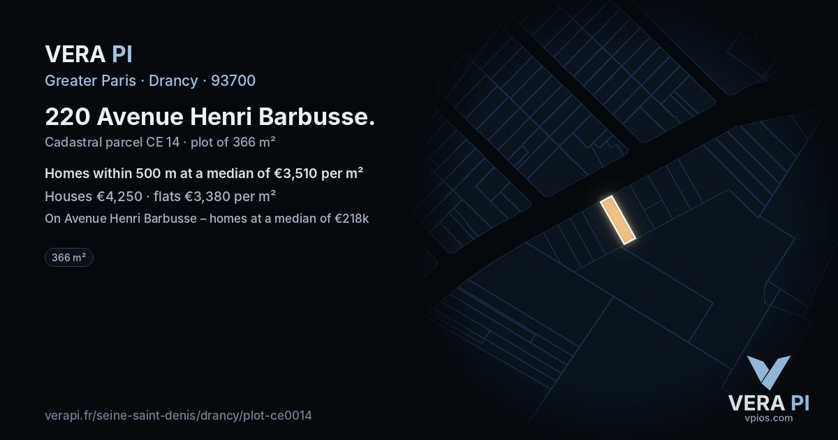 220 Avenue Henri Barbusse, Drancy at night – the plot lit, the parcels around coloured by the prices near them