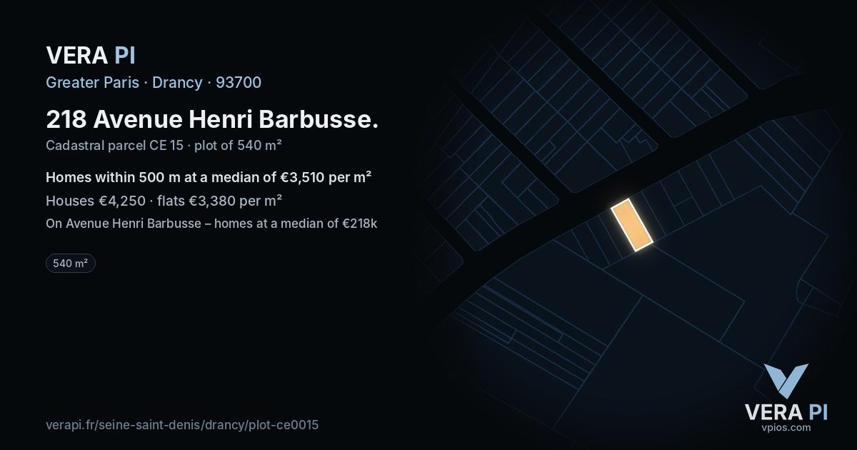 218 Avenue Henri Barbusse, Drancy at night – the plot lit, the parcels around coloured by the prices near them