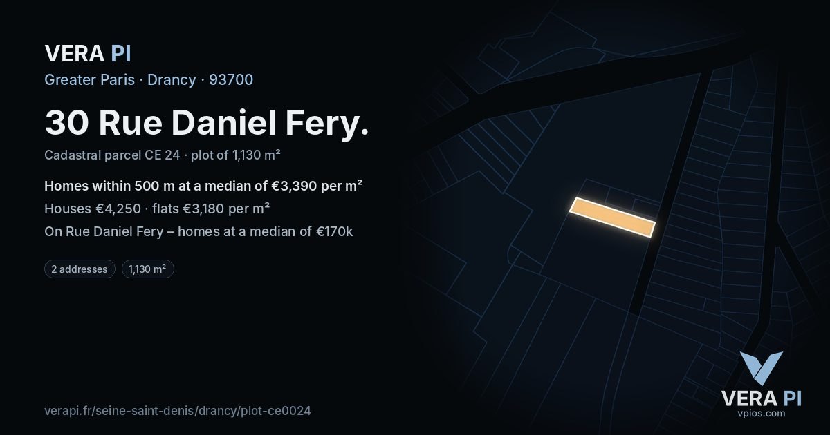 30 Rue Daniel Fery, Drancy at night – the plot lit, the parcels around coloured by the prices near them