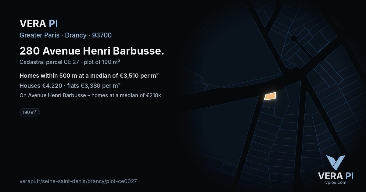 280 Avenue Henri Barbusse, Drancy at night – the plot lit, the parcels around coloured by the prices near them