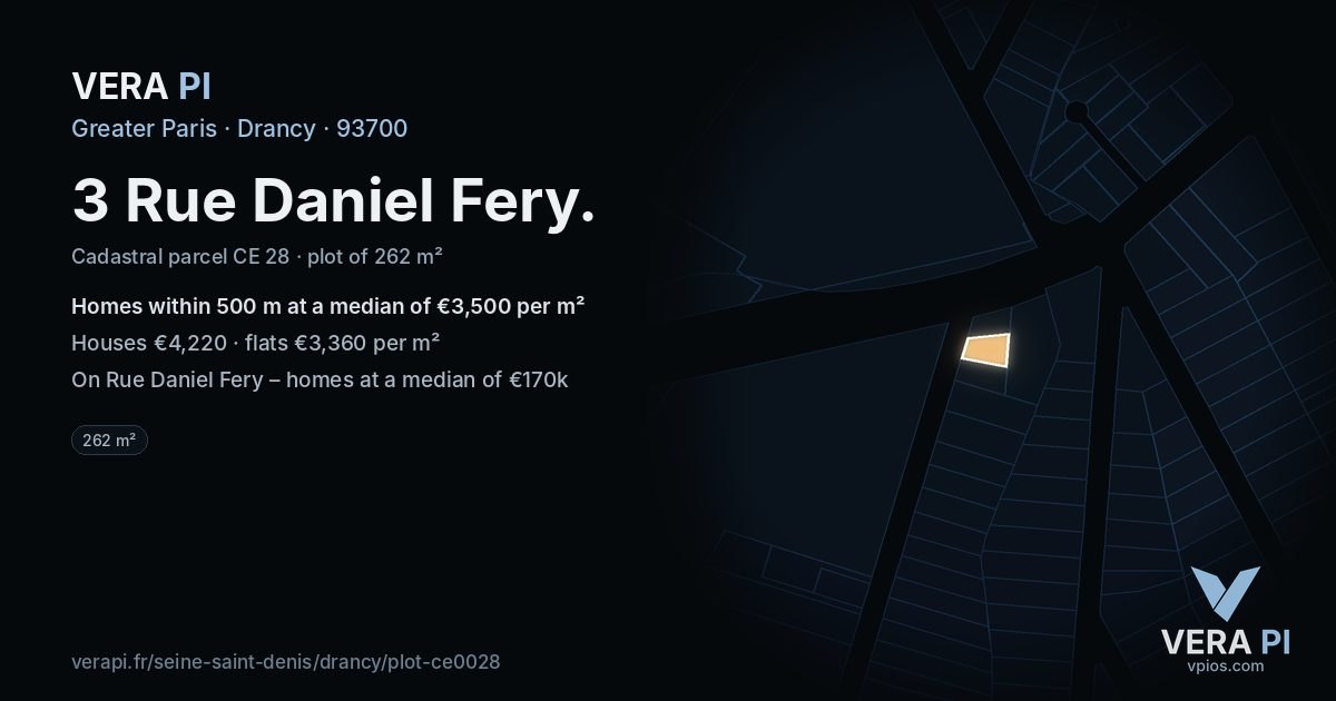 3 Rue Daniel Fery, Drancy at night – the plot lit, the parcels around coloured by the prices near them