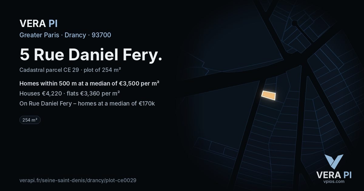 5 Rue Daniel Fery, Drancy at night – the plot lit, the parcels around coloured by the prices near them