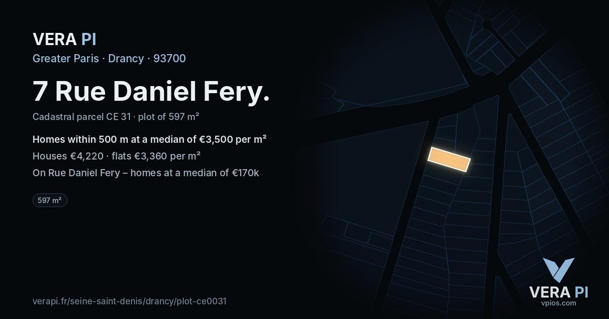 7 Rue Daniel Fery, Drancy at night – the plot lit, the parcels around coloured by the prices near them