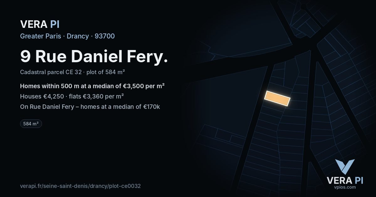 9 Rue Daniel Fery, Drancy at night – the plot lit, the parcels around coloured by the prices near them