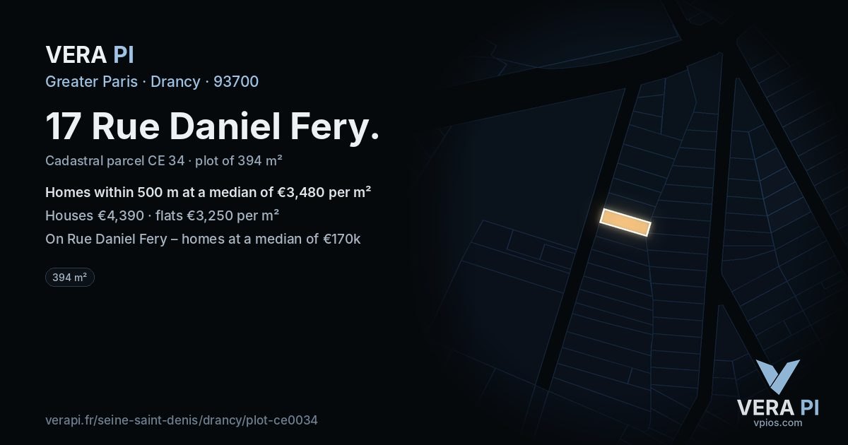 17 Rue Daniel Fery, Drancy at night – the plot lit, the parcels around coloured by the prices near them