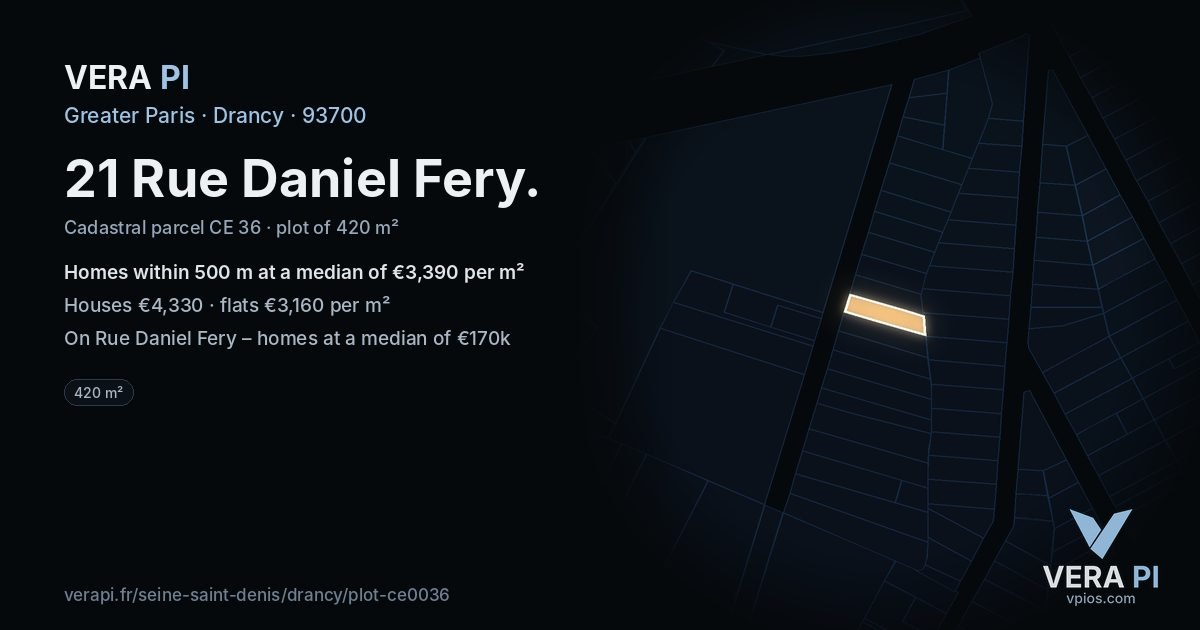 21 Rue Daniel Fery, Drancy at night – the plot lit, the parcels around coloured by the prices near them