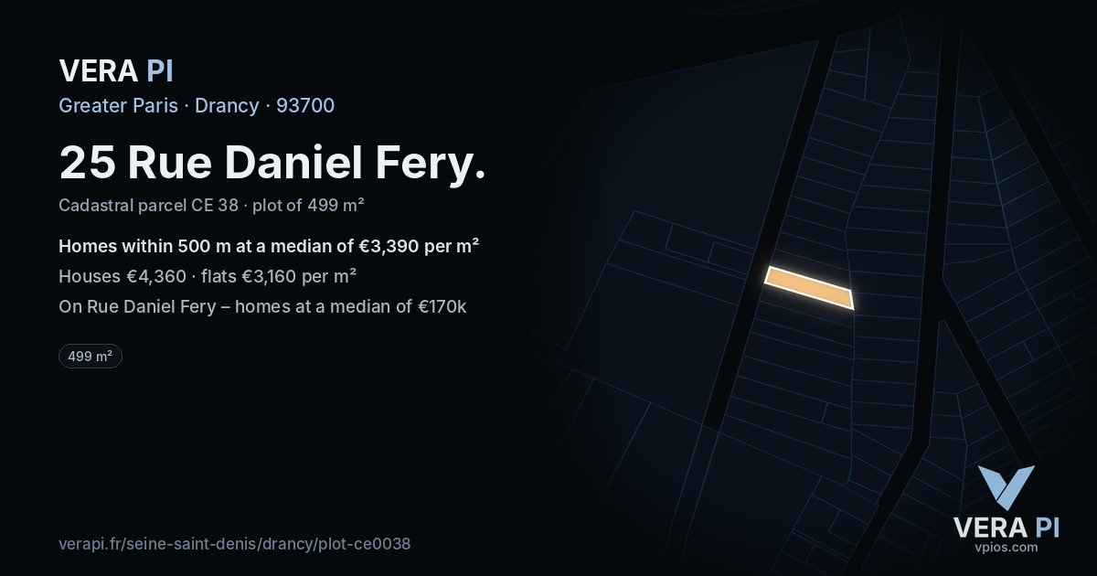 25 Rue Daniel Fery, Drancy at night – the plot lit, the parcels around coloured by the prices near them