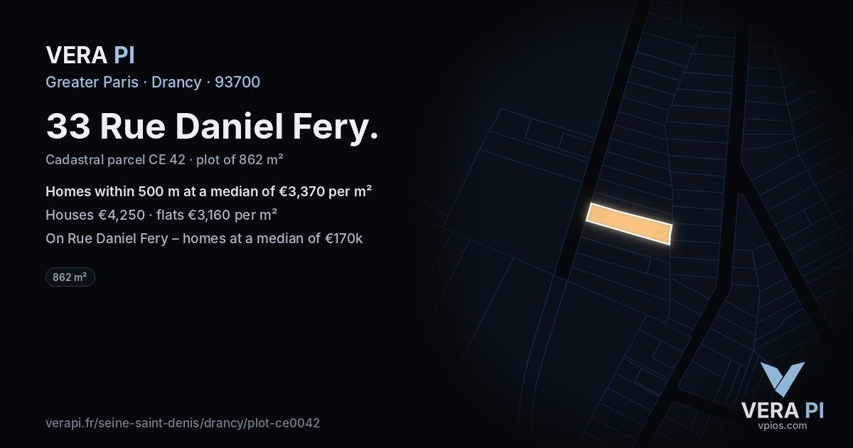 33 Rue Daniel Fery, Drancy at night – the plot lit, the parcels around coloured by the prices near them