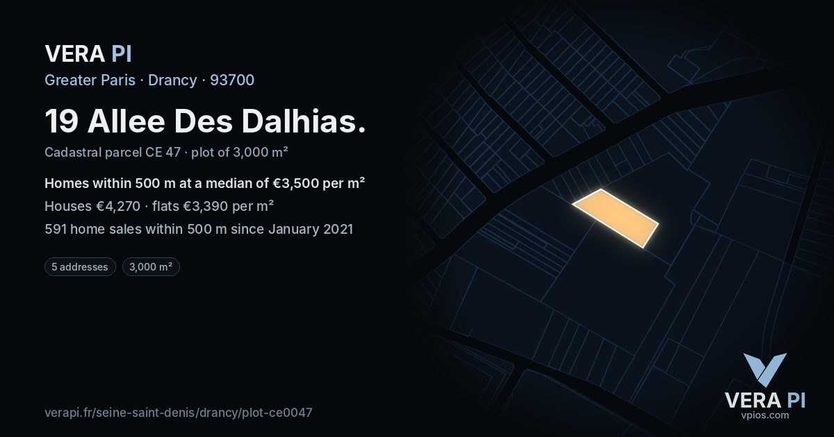 19 Allee Des Dalhias, Drancy at night – the plot lit, the parcels around coloured by the prices near them