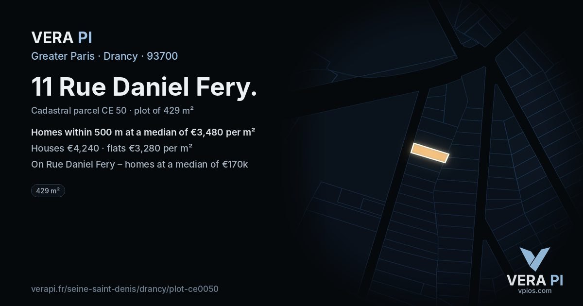 11 Rue Daniel Fery, Drancy at night – the plot lit, the parcels around coloured by the prices near them