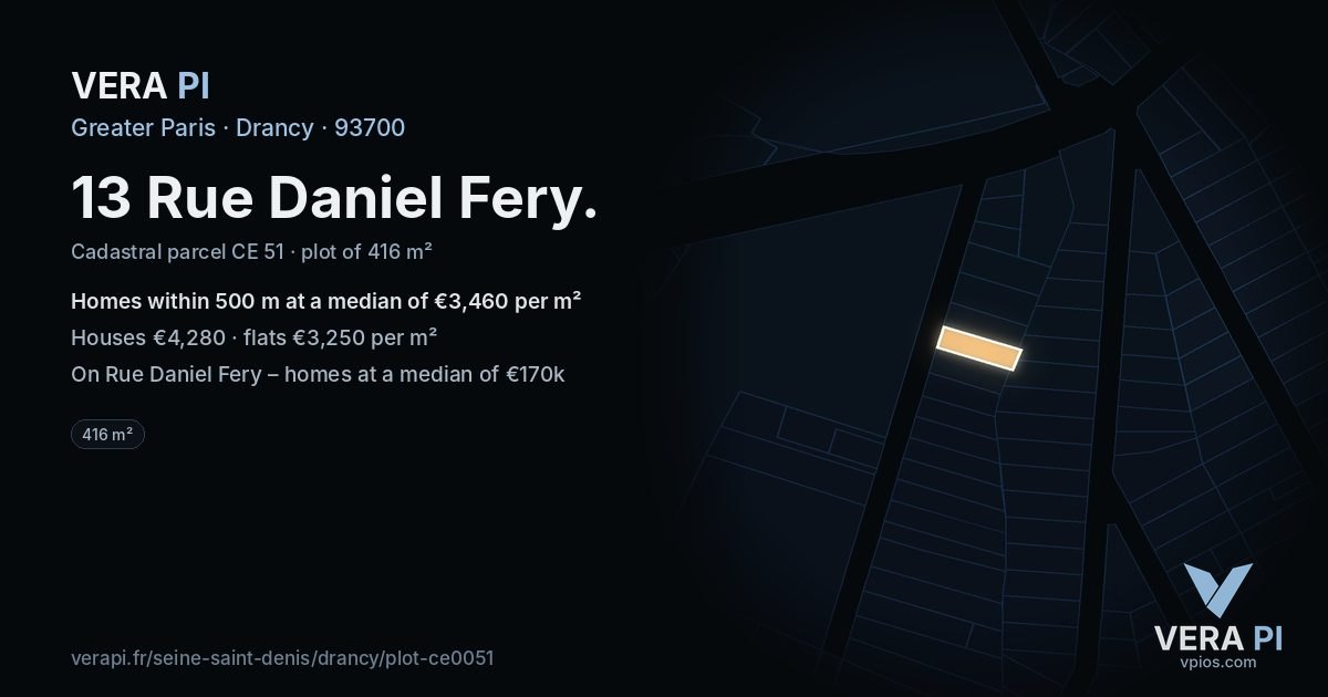 13 Rue Daniel Fery, Drancy at night – the plot lit, the parcels around coloured by the prices near them