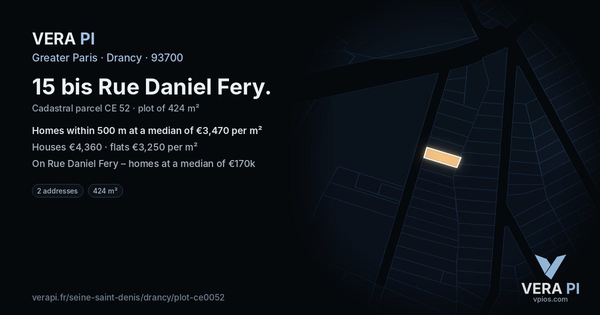 15 bis Rue Daniel Fery, Drancy at night – the plot lit, the parcels around coloured by the prices near them