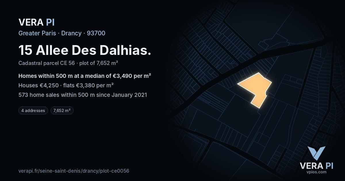 15 Allee Des Dalhias, Drancy at night – the plot lit, the parcels around coloured by the prices near them
