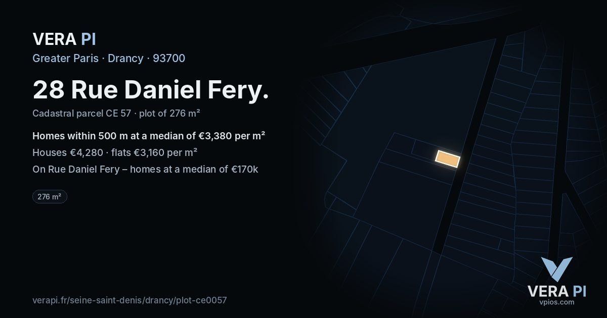 28 Rue Daniel Fery, Drancy at night – the plot lit, the parcels around coloured by the prices near them