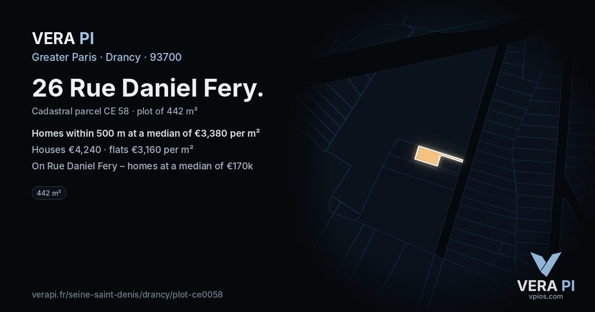 26 Rue Daniel Fery, Drancy at night – the plot lit, the parcels around coloured by the prices near them