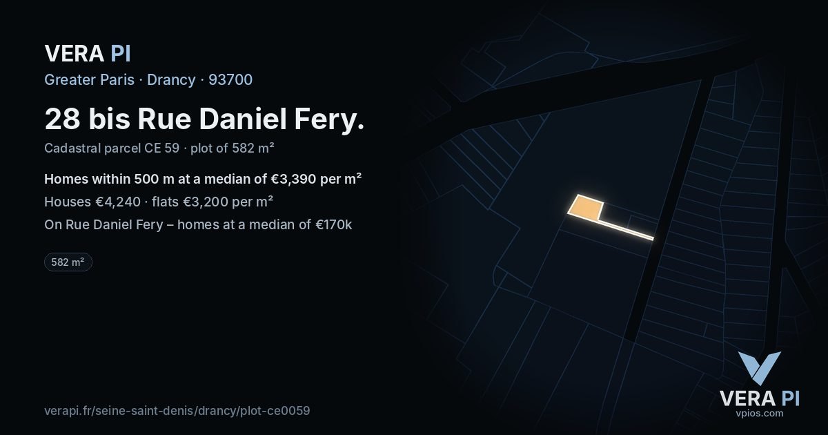 28 bis Rue Daniel Fery, Drancy at night – the plot lit, the parcels around coloured by the prices near them