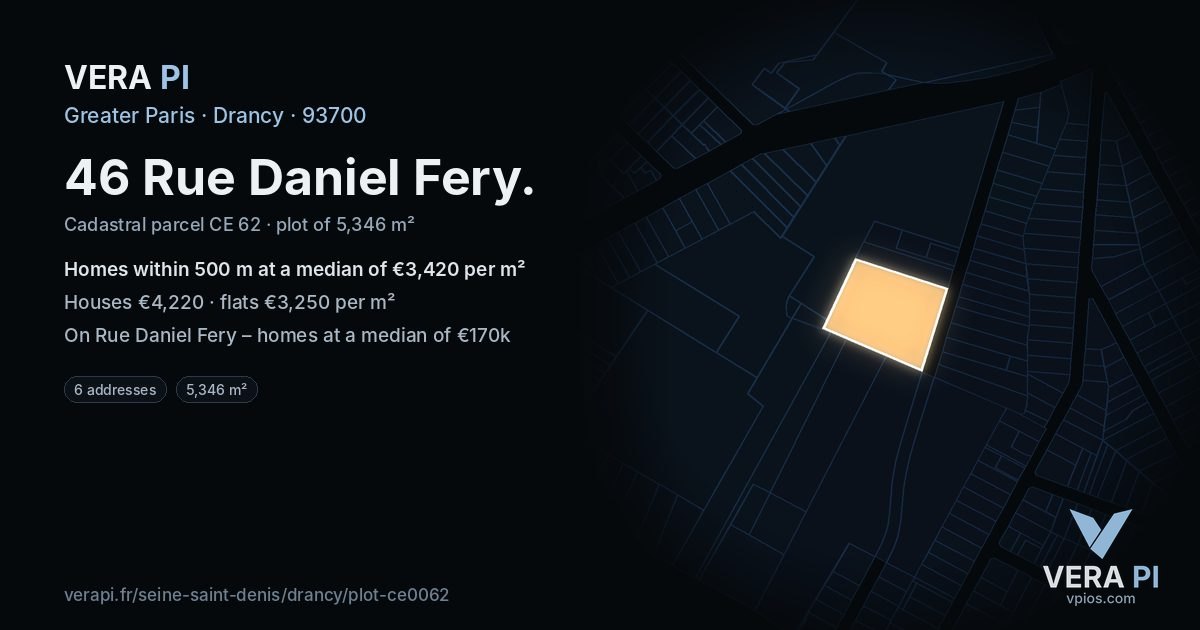46 Rue Daniel Fery, Drancy at night – the plot lit, the parcels around coloured by the prices near them