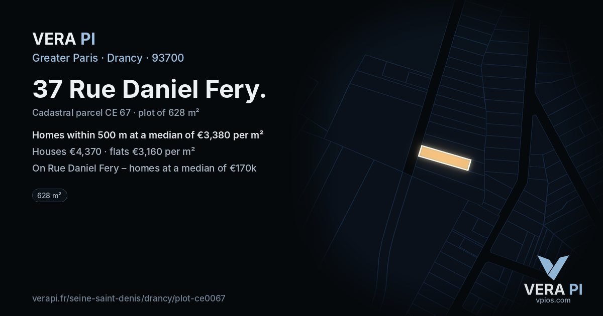 37 Rue Daniel Fery, Drancy at night – the plot lit, the parcels around coloured by the prices near them