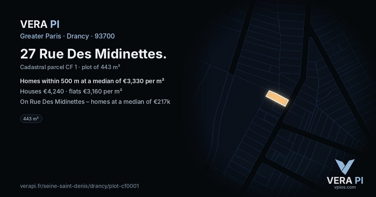 27 Rue Des Midinettes, Drancy at night – the plot lit, the parcels around coloured by the prices near them